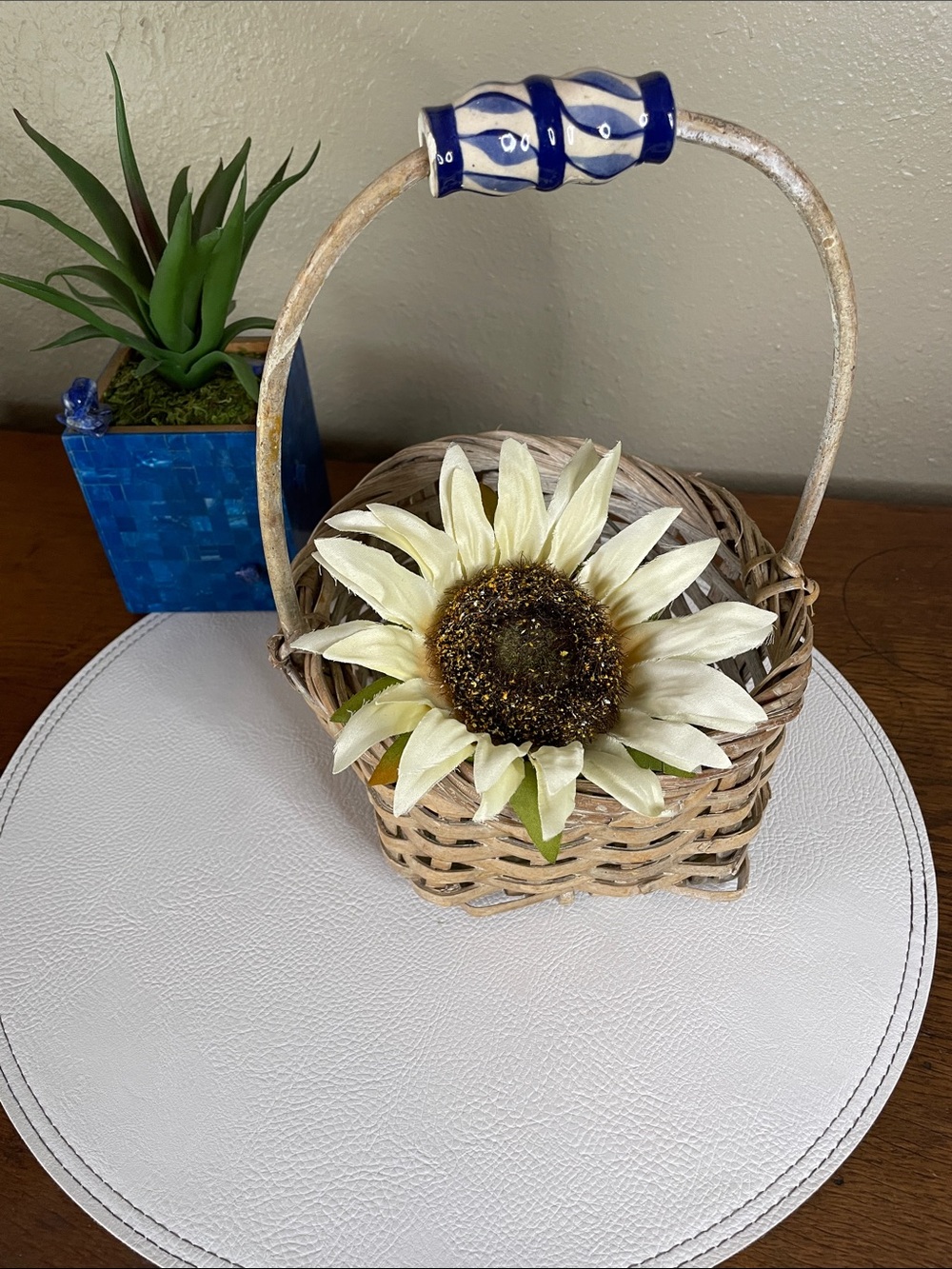 Vintage Wicker Handled Decorative Basket with Blue Ceramic Bead Accent - Picture 13 of 13